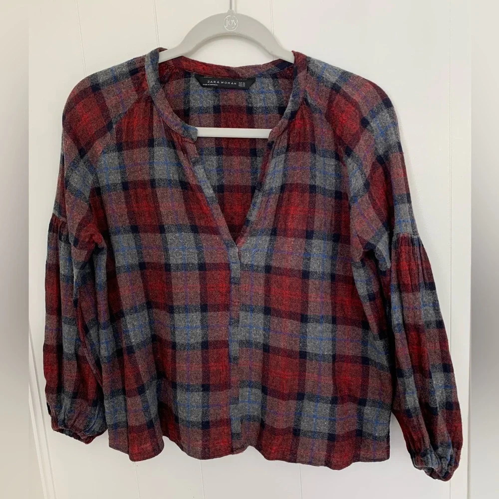Zara Plaid Wool Long Sleeve V-Neck Top Size XS - Picture 2 of 8